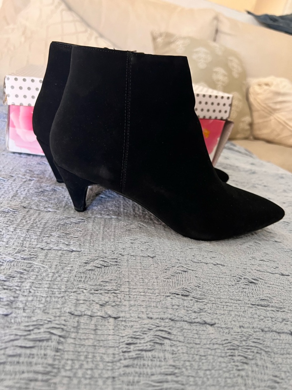 Delicious Black Suede Pointed Ankle Booties with Kitten Heel